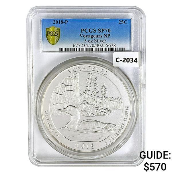 2018 US 5oz Silver Voyageurs Round PCGS SP70