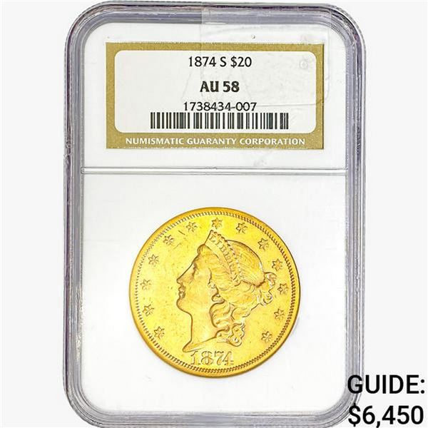 1874-S $20 Gold Double Eagle NGC AU58