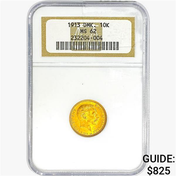 1913 Denmark .1296oz Gold 10 Kroner NGC MS62