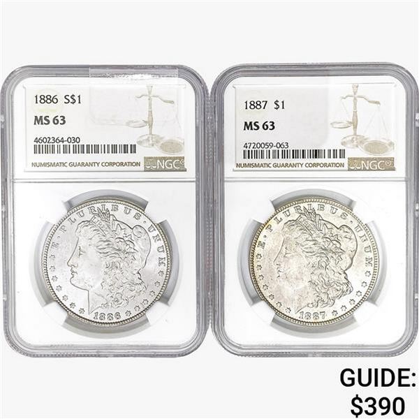 [2] Morgan Silver Dollars NGC MS63 [1886, 1887]