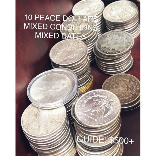 (10) Silver Peace Dollars - Mixed Dates/Conditions