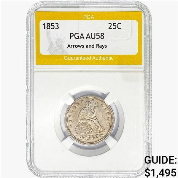 1853 Seated Liberty Quarter PGA AU58 ARWS&Rays