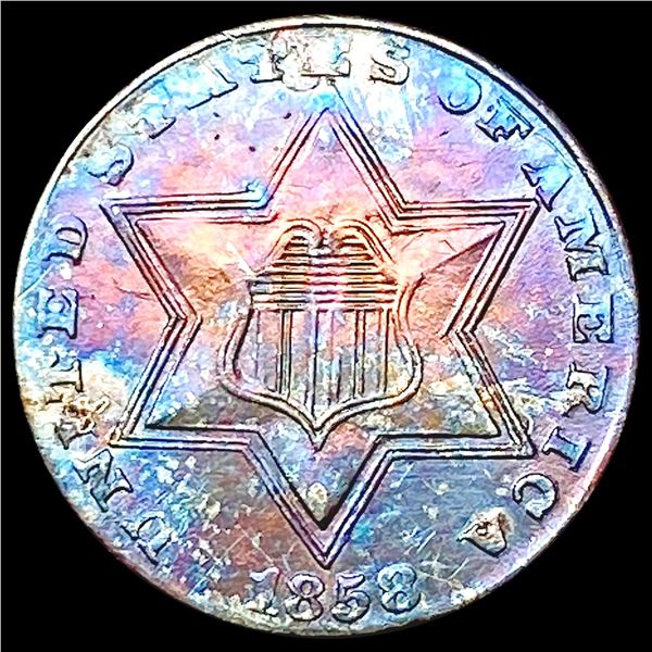 1858 Toned Silver Three Cent CHOICE BU
