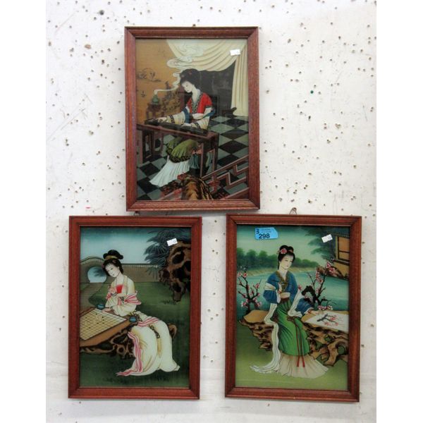 3 Vintage Asian Reverse Painted Pictures