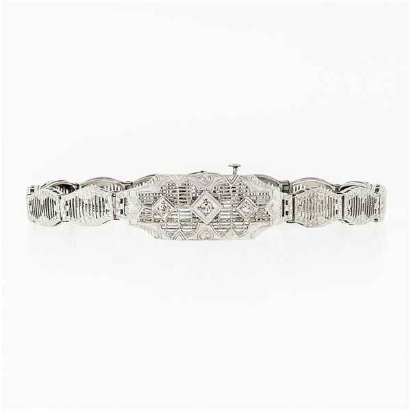 Antique Art Deco 14k White Gold 0.11 ctw Round Diamond Milgrain Filigree Bracele
