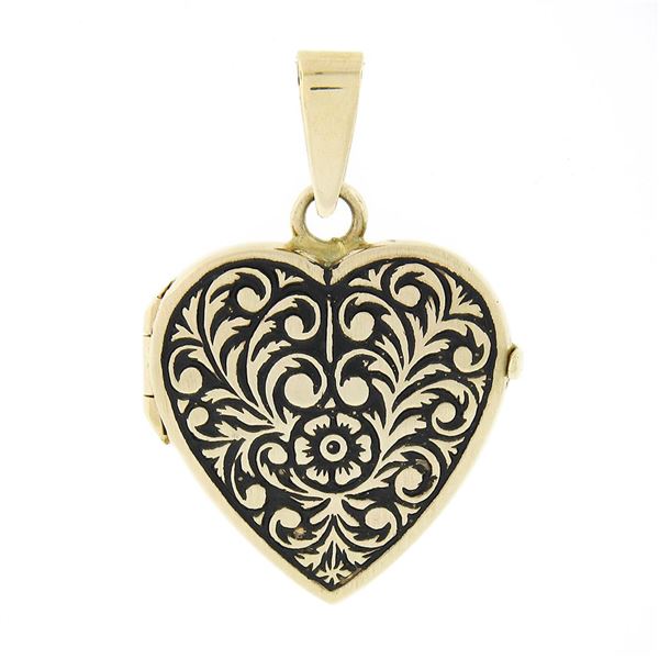 NEW 14k Yellow Gold Engraved Floral Work w/ Black Enamel Heart Locket Pendant