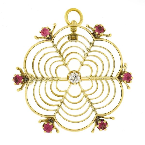 Antique Victorian 14k Gold Diamond Red Stone Spider Web Open Brooch Pin Pendant