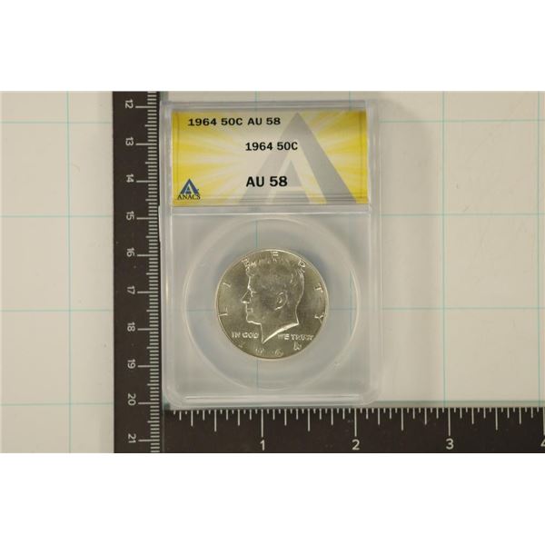 1964 90% SILVER KENNEDY HALF DOLLAR ANACS AU58
