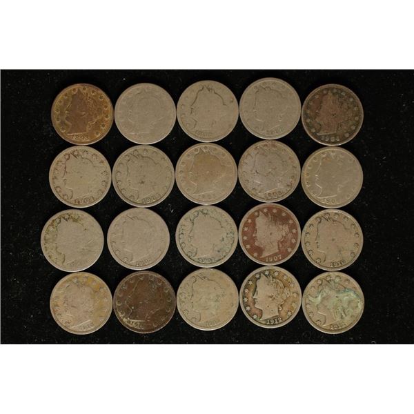 20 ASSORTED LIBERTY "V" NICKELS: 1893-1912