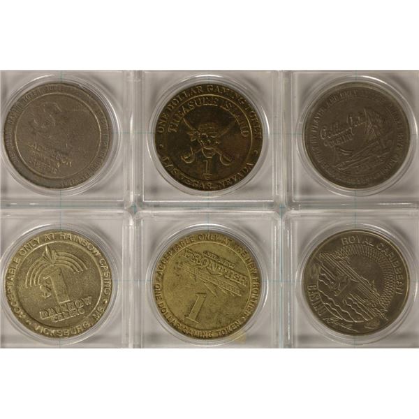 6-$1 METAL CASINO TOKENS: LADY LUCK, TREASURE