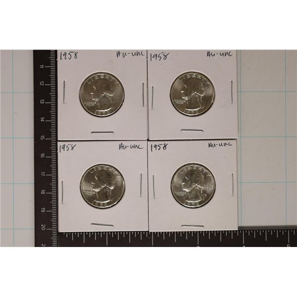 4-1958 WASHINGTON SILVER QUARTERS AU/UNC