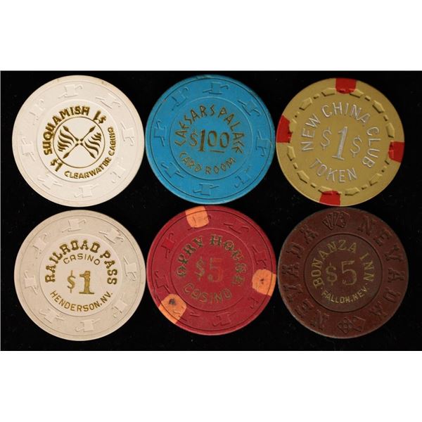 6 PLASTIC CASINO CHIPS: 4-$1 NEW CHINA CLUB,