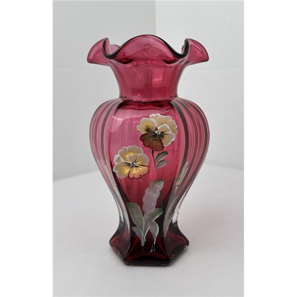 Fenton Cranberry Glass Pansy Vase Artist Signed