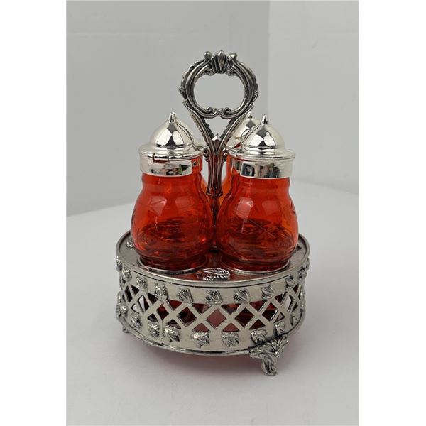 Red Etched Glass Cruet Condiment Set