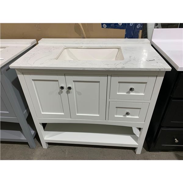 Light grey vanity with counter top and sink 37"Lx22"Dx34"H see damage to sink