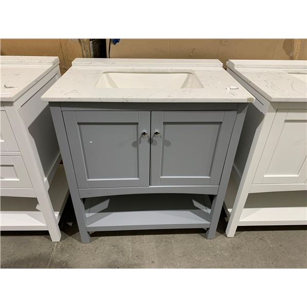 Grey vanity with counter top and sink 31"Wx22"Dx34"H see damage in picture