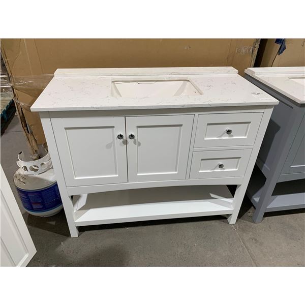White vanity with counter top and sink 43"Wx22"Dx34.5"H see damage in picture