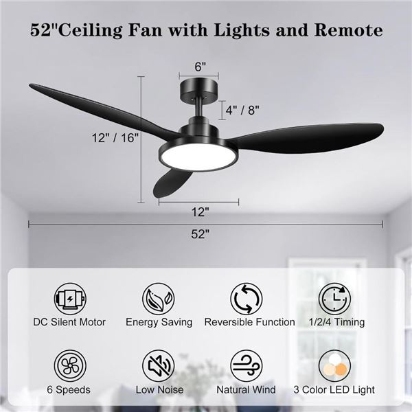 Ohniyou Ceiling Fan with Lights and Remote Control, 52" Black Ceiling Fan with 3 Blades, 6 Speeds Sm