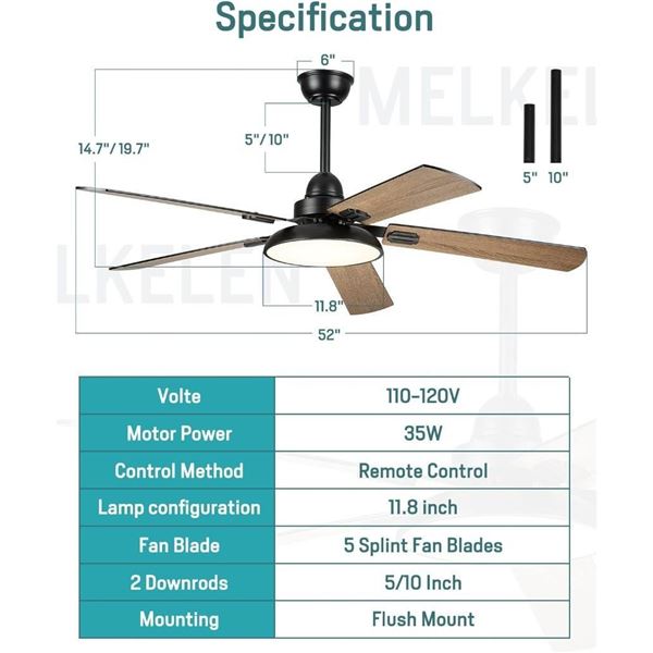 Melkelen Ceiling Fan with Lights and Remote, 52 Inch Outdoor Ceiling Fan with Light, Modern Black Fa