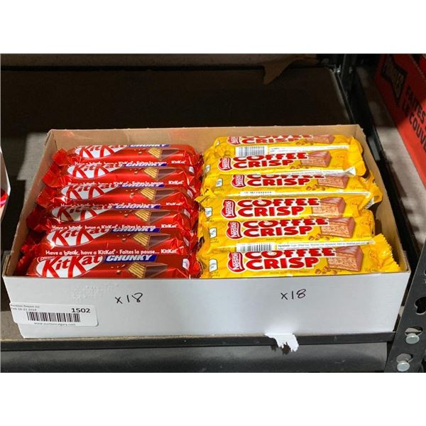 Box of nestle chocolate bars, 18 KitKat chunky, 18 Coffee crisp
