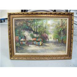 Original oil of café scene, canvas size is 24" x 36", by Brauer, canvas has been repaired poorly (74