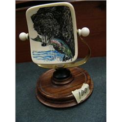 Beautiful ivory scrimshaw of bear with salmon