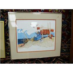 Double Matted and framed print by Rie Munoz 1982 "Drying Laundry and Fish"  15 1/2" x 19" Frame Size