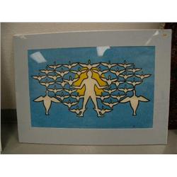 Cape Dorsett Print Matted and Shrink wrapped done in 1979 of man with birds, 16" x 25" (3)