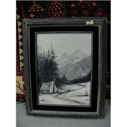I. Miller original oil of dog team in front of tent in wood frame- 12" x 9" (74)