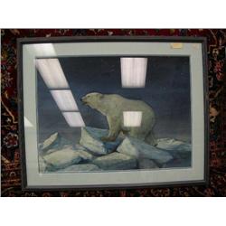 Original Charles Gause done in 1978 of polar bear, watercolor- 22" x 29-1/2" double-matted and frame