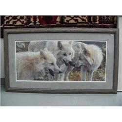 329 of 6061 print by C. Brend of 3 white wolves- 16" x 35", double matted and in wood frame (3)