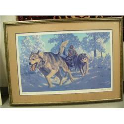 104 of 950 print by Fred Machetanz of dog musher- triple matted and framed, 20" x 31-1/2" (3)