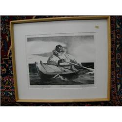 Stone lithograph by Fred Machetanz, matted and framed, 61 of 100, "Mission Accomplished", 13" x 17",
