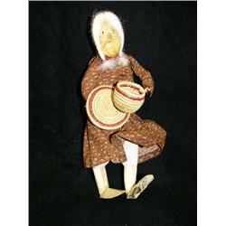 CHOICE on 2 Chevak dolls by Ursula Paniyak of old women in calico dress holding tea cup and saucer w