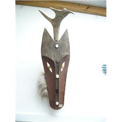 23" wood mask with caribou antler and wolf fur- estimated value $2,200