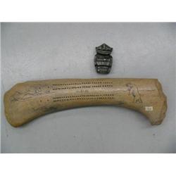 24" mammoth bone cribbage board with scrimshawed bear; large soapstone billycan (3)
