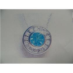 Blue Topaz and Diamond Pendant and Chain 14 K white gold- Blue Topaz is round, faceted, approx. 1.00