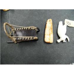 Lot of 3: Baleen sled, fossilized ivory pin, carved white ivory pin done by Robert Kokuluk