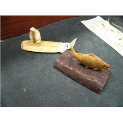 Lot of 2: fossilized ivory bear and bone salmon