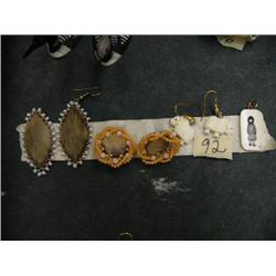 Lot of 3: 2 pairs of seal skin and beaded earrings, musk ox ivory earrings, and scrimshawed ivory pe