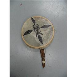 Eskimo drum with carved whale bone handle by Jacob Otton, made of seal gut, 9" diameter