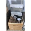 Image 2 : ASSORTED WOODEN STORAGE CRATES, BINS, SHELVING & DECANTERS