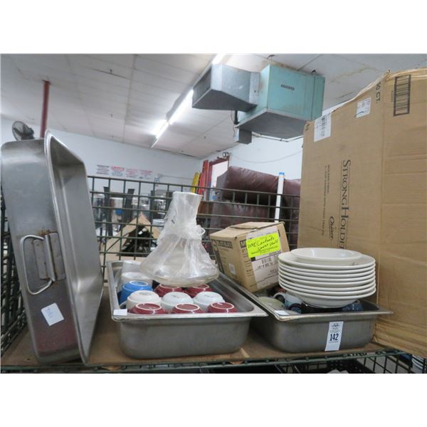 Full by 4" Insert Pans w/Asst. Mugs, S/S Bake Pans, Cardboard Food Trays