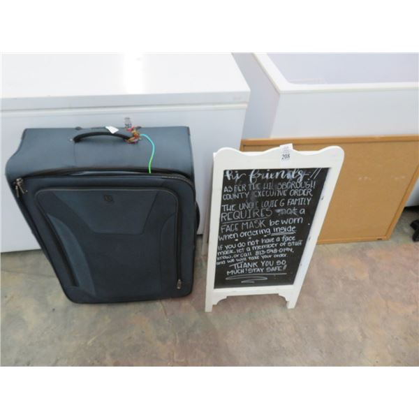 Sidewalk Sign, Corkboard, Luggage