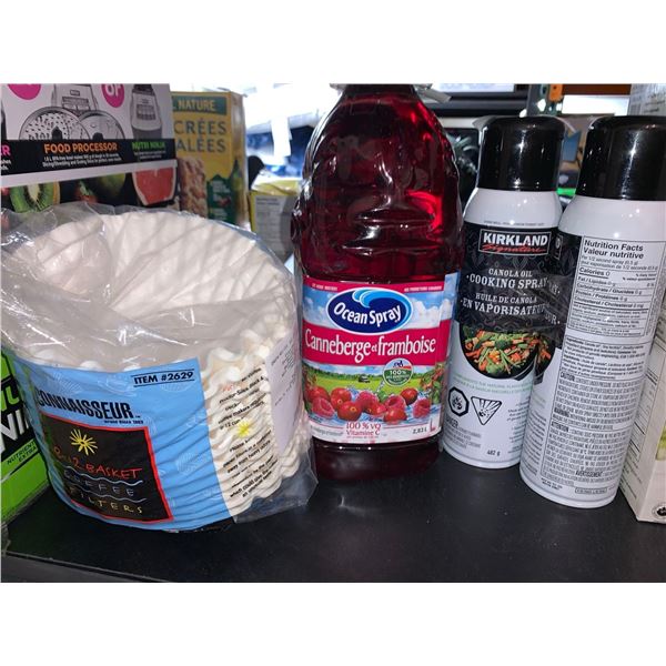 LOT of Kirkland non stick spray, ocean sopray juice and coffee filters
