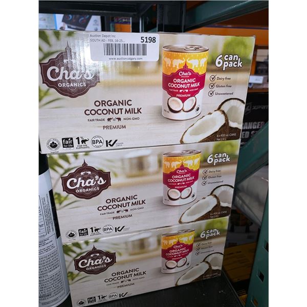 Cha's Organic coconut Milk 6 x 400ml Can LOT of 3