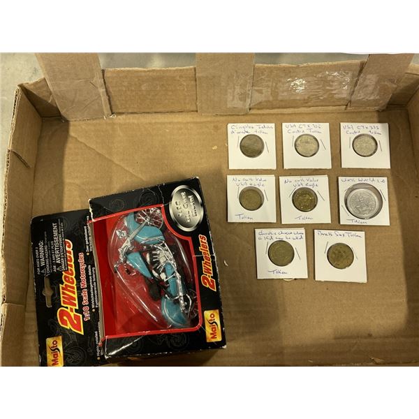 Bushnell Token 2 TRAYS OF COLLECTIBLES - TOKENS, BUSHNELL BINOCULARS, CANADIAN FLG, ETC
