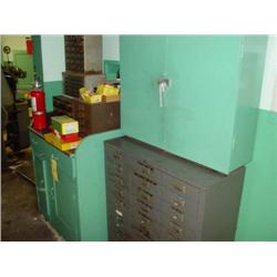 LOT - ASSORTED CONTENTS IN CABINET, ON TABLE AND ASSORTED CONTENTS ON SHELVING