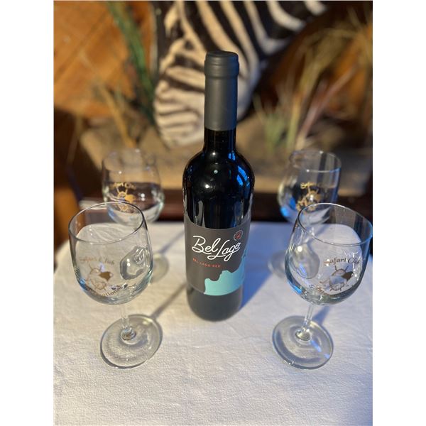 Set of 4 SCI Wine Glasses & Bottle of Bel Lago Red Wine