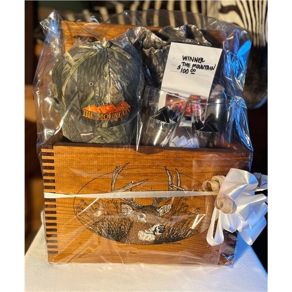 "The Mountain Bar & Grill" Gift Basket ($100 Gift Card, Beer Glasses, Camo Ball Cap/Shirt in a White